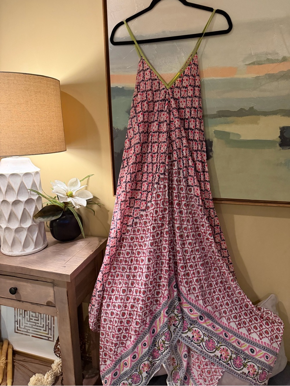 Roberta Roller Rabbit Pink Navy Floral V-Neck Maxi dress with Olive Trim.